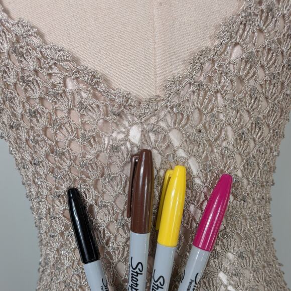 Carmen Marc Valvo Crochet Mini Cocktail Dress M Gold Tan Bead Boho Retro Glam - Picture 8 of 10